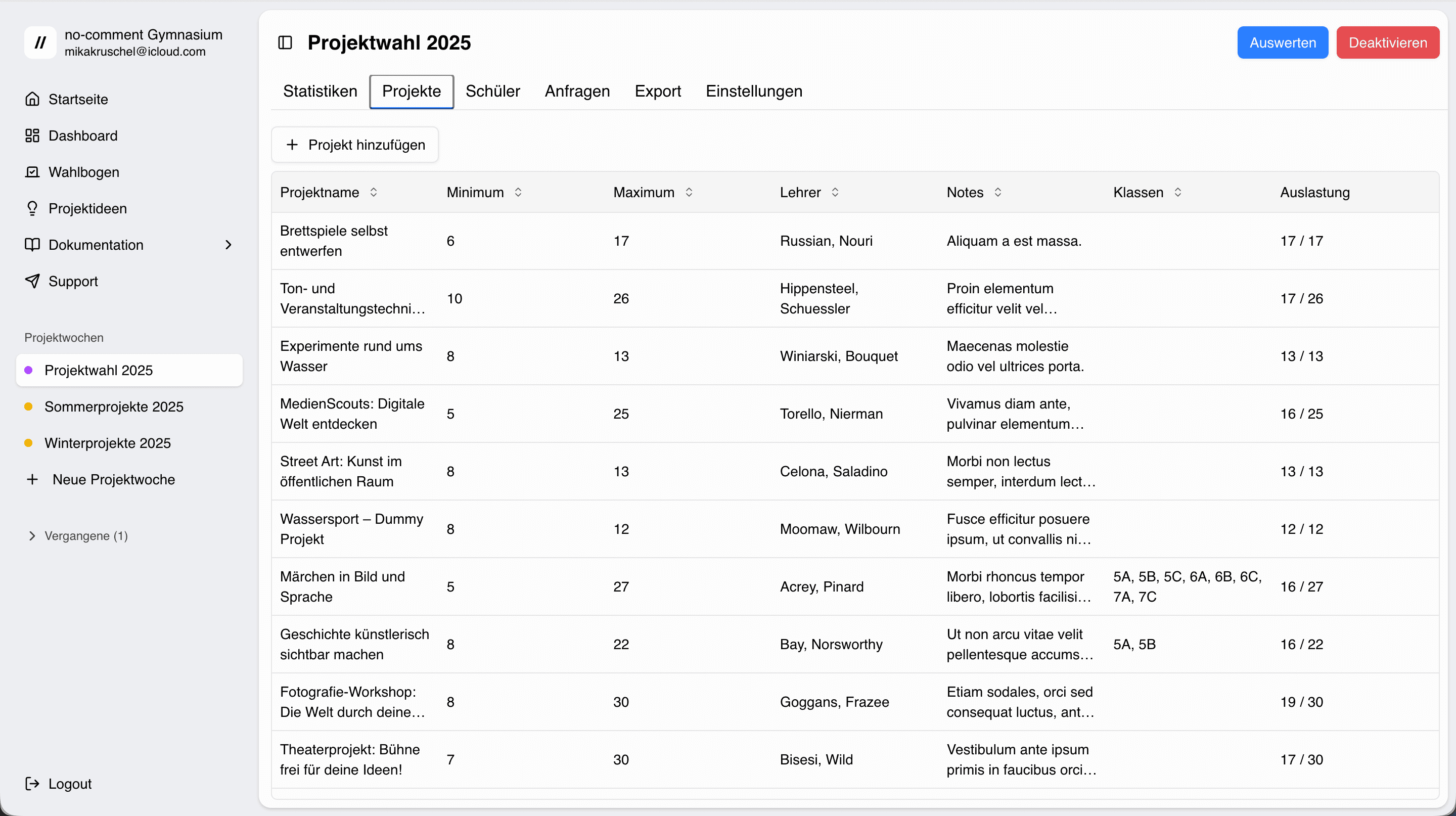 Screenshot der Verwaltungsseite von projekt-wahl